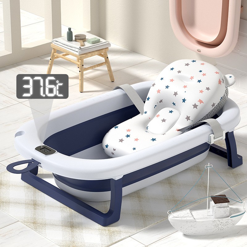 Cadita baie bebelusi pliabila cu pernita din material hipoalergic cu uscare super dry si termometru digital incorporat Albastra
